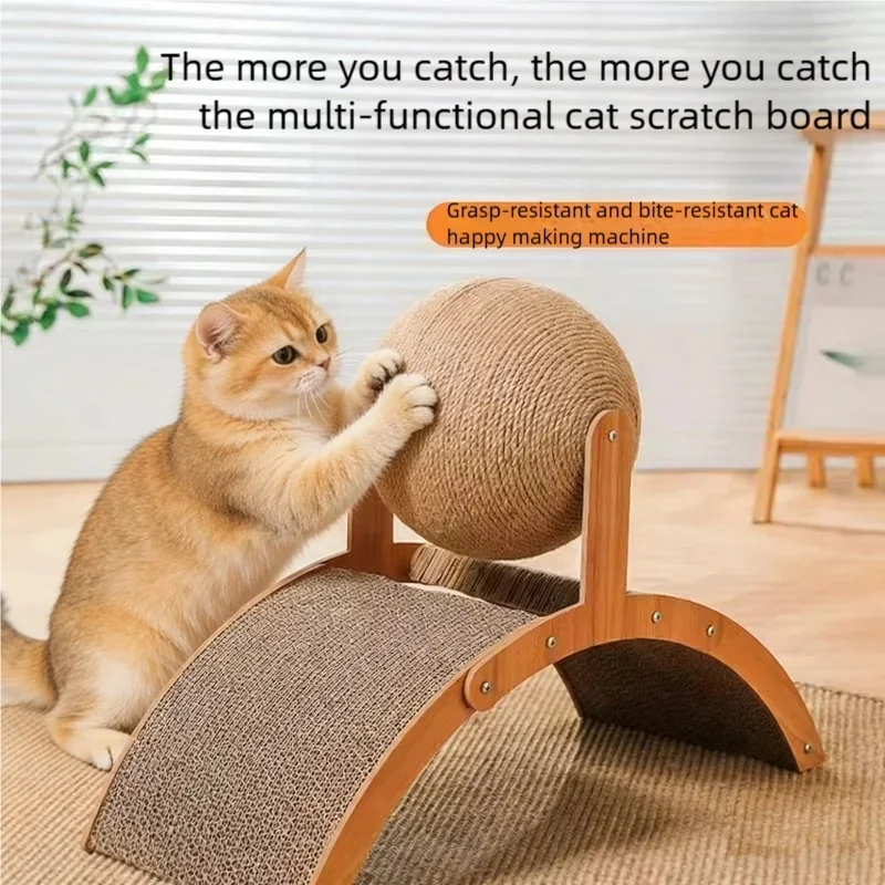 2-in-1 Solid Wood Cat Toy with Grinding Paw Design Wear-Resistant Sisal Scratch Board 2-in-1 Wooden Cat Scratching Ball for Cats