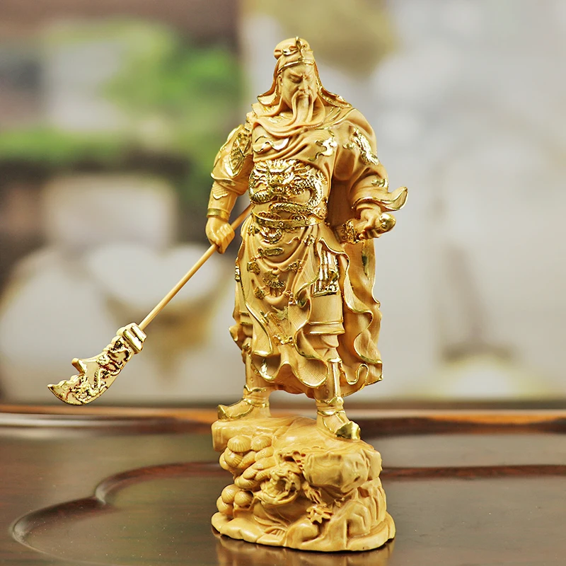 20cm Standing Guanyu Wood Statue Chinese Boxwood Feng Shui Collection Wealth God Guan Gong Home Decor