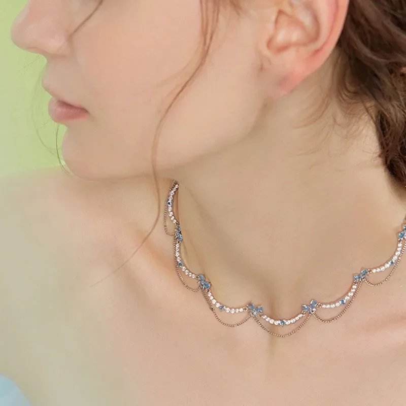 Double Layer Butterfly Women's Necklace With Rhinestones  Korean Fashion Gorgeous Wedding Gift Clavicle Chain For Femme Jewelry