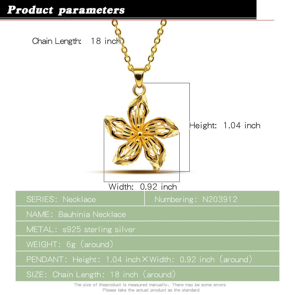 Korean Fashion 24K Gold Plating Bauhinia Flower Pendant Necklace Girls Sweet 925 Silver Clavicle Chain Women Jewelry Gifts