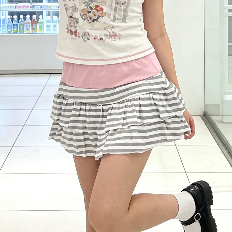 Vitality Cute Girl Mini Skirt Summer Kawaii Vintage Street Skirt Japanese Contrast Stitching Casual Fashion Striped Print Skirt