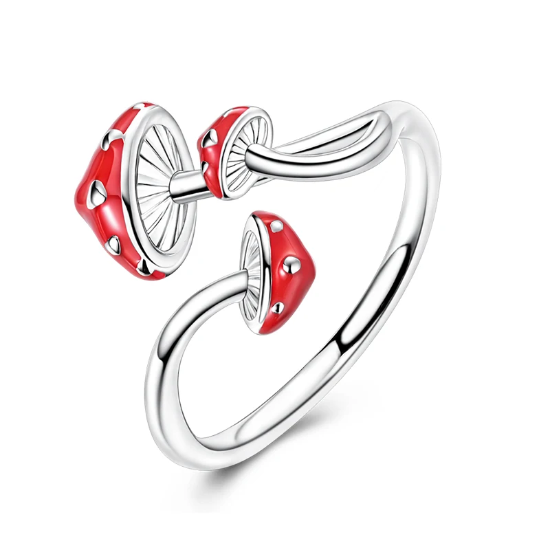 925 Sterling Silver Creative Red Heart Mushroom Rings For Women Fine Wedding Anniversary Jewelry Gifts