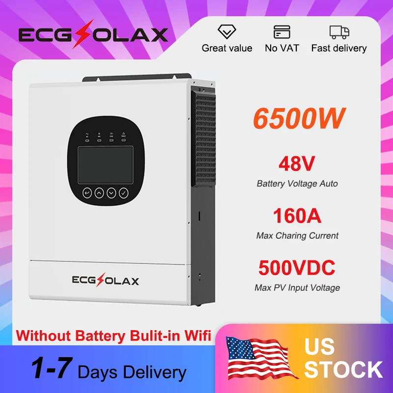 

ECGSOLAX 6.5KW Solar Hybrid Inverter 48V 220Vac With MPPT 120A 160A Hybrid Solar Inverter Built-in WIFI Off Grid Hybrid Inverte