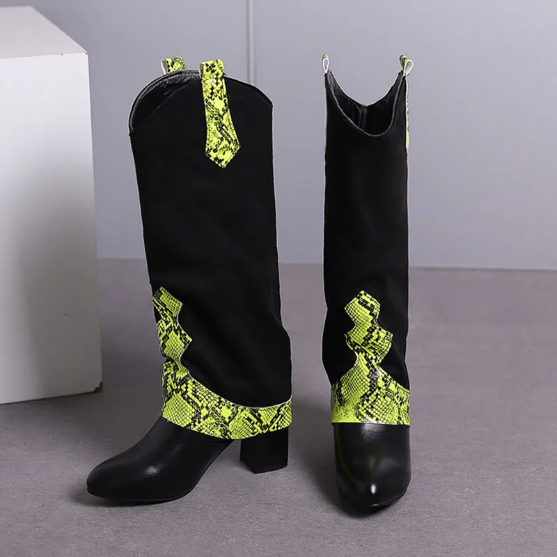 Woman Snake Scale Pattern High-Top Western Shoes Large Size Women's Winter Thick High Heel Mid-calf Fashion Boots Knight Boots