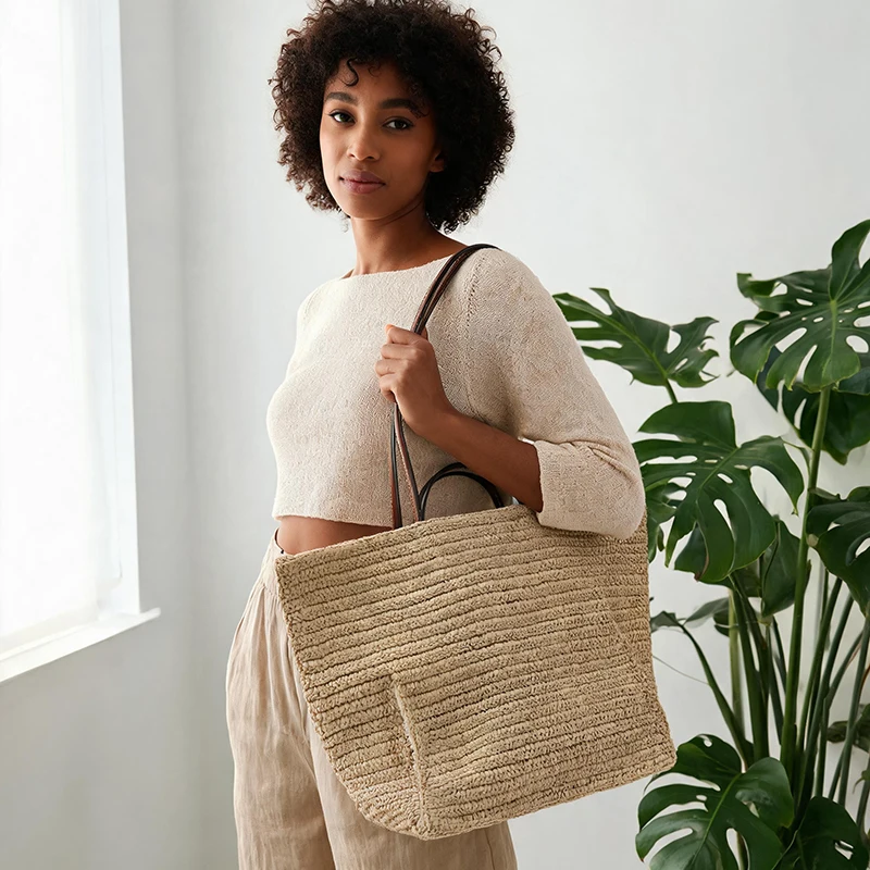 Handgewebte Stroh-Strandtasche, Große Kapazität Damen-Schultertasche, Leichte Vielseitige Sommer-Handtasche für Pendeln und Reisen, Khaki – Detail 7