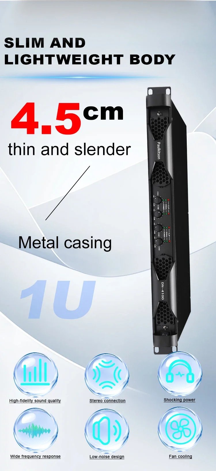Paulkitson DN4100 4-Kanal Professioneller Digital-Leistungsverstärker Klasse-D 1U Rack-Mount-Verstärker 4Ω 4×2300W für Bühnenkonzerte und Live-Shows – Detail 3