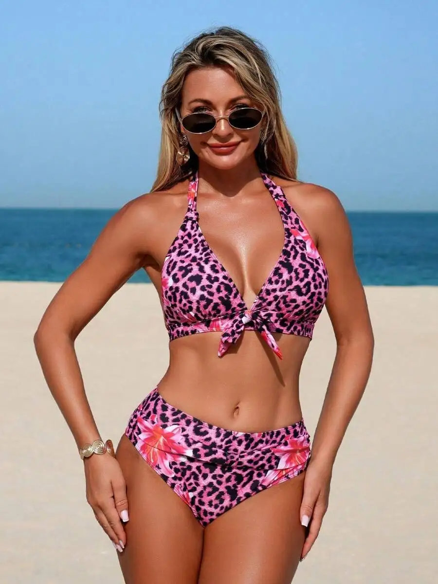 

Womens Leopard And Floral Print Halter V-Neck Bikini Set