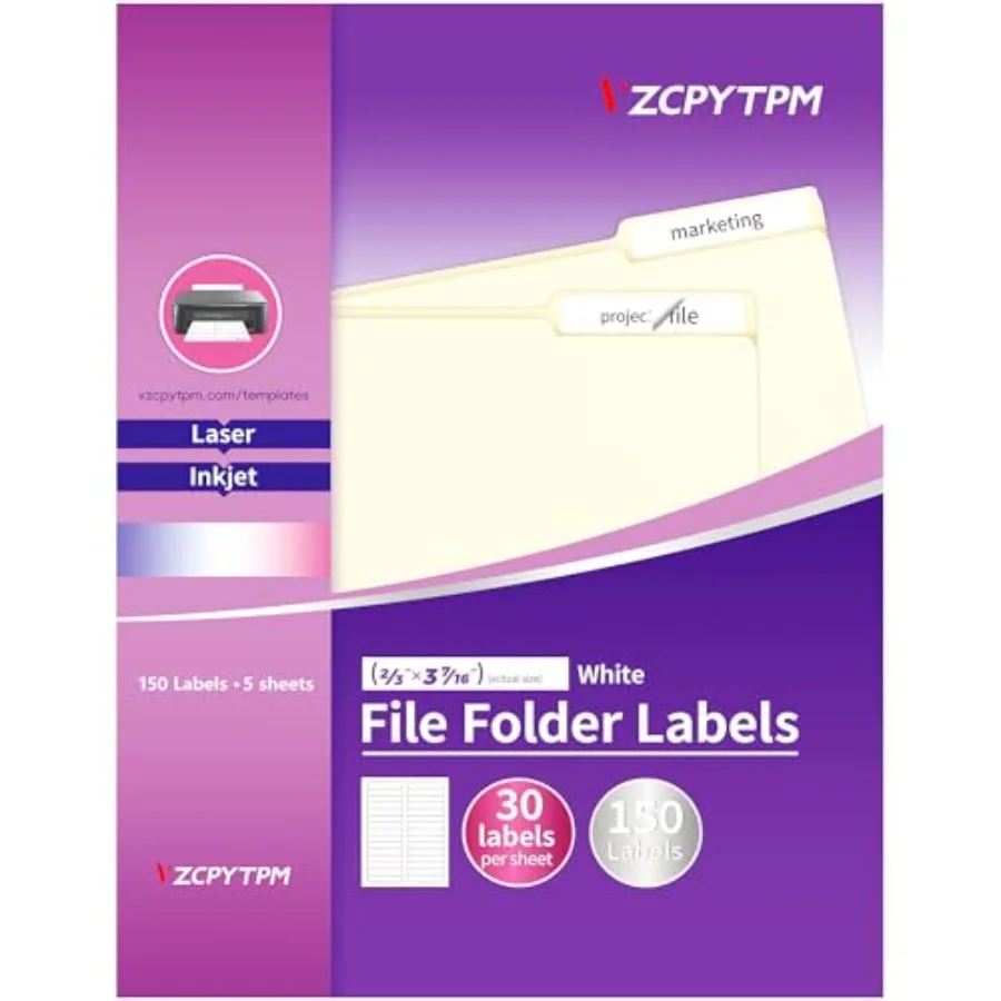 

File Folder Labels 150 Labels 1/3 Cut Self Adhesive Printable Permanent Label Stickers for Manila File Folders 2/3 x 3-7/16 Las