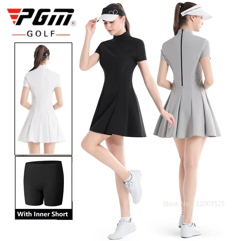 Pgm Golf Wear Women\'s Short Sleeve Ruffle Dress Outdoor Breathable High Waist Dresses Lady Korean Style Anti-exposure Skirt