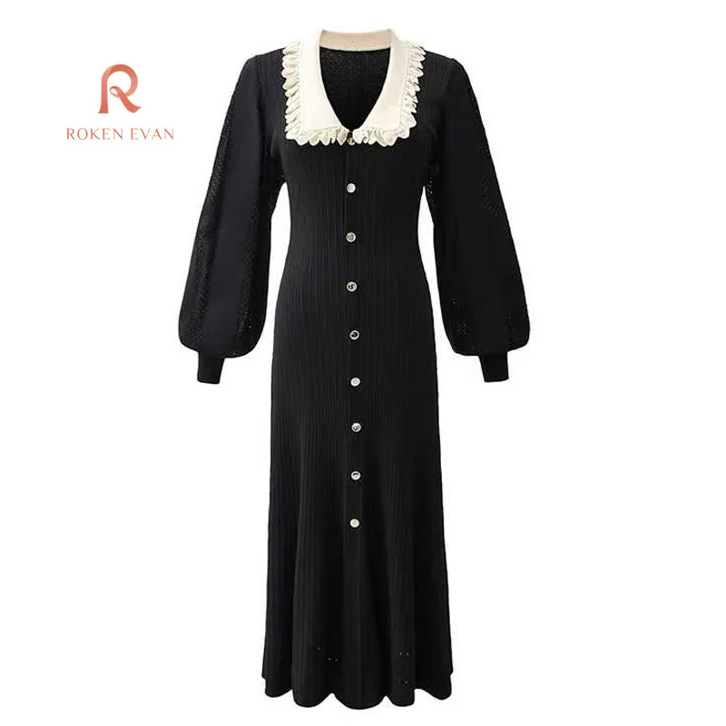 ROKEN EVAN 2024 Autumn French gentle style o collar tea break long dress Women\'s small fragrant puffed sleeve black knit dress