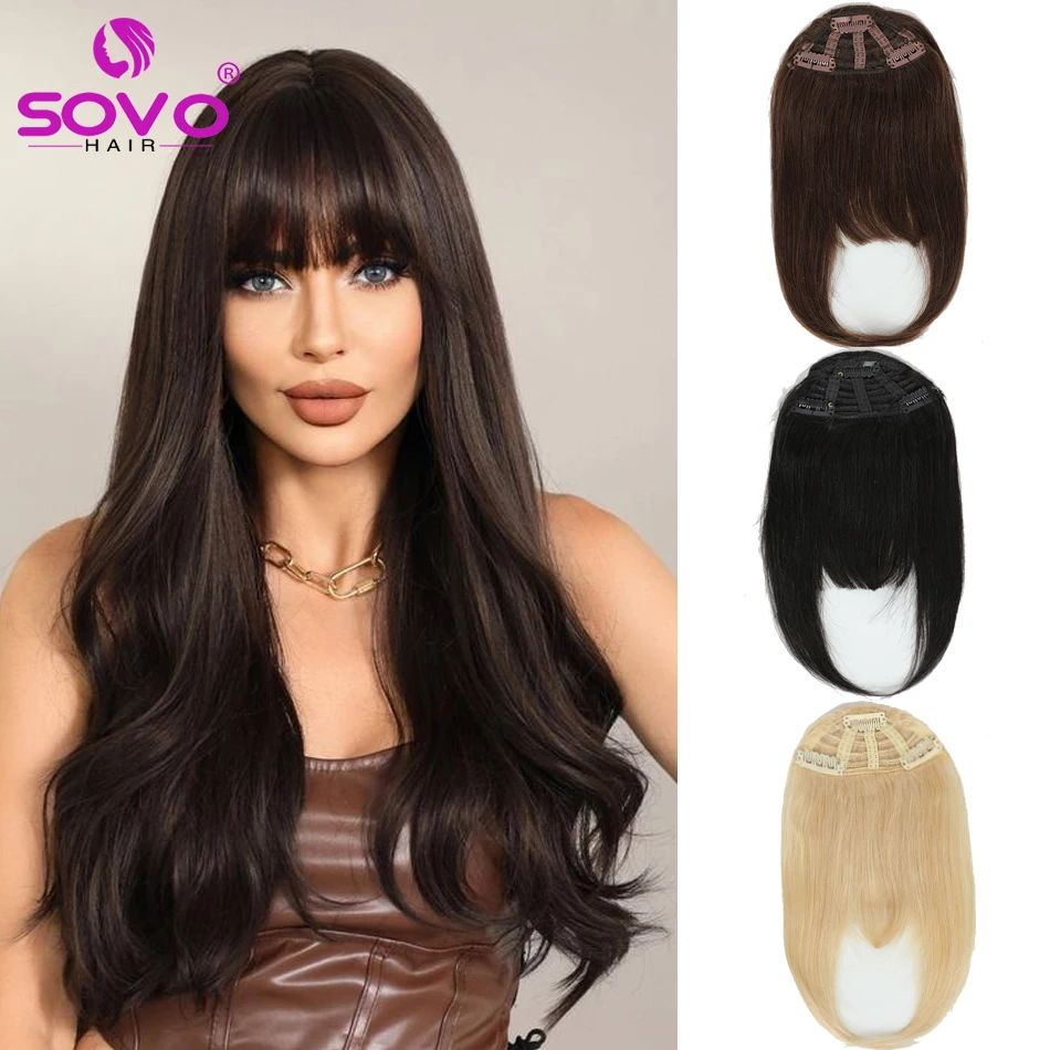 Clip In Bangs 100% Human Hair Wispy Bangs Clip in Hair Extensions Brown Black Air Bangs with Temples  For Women Daily Wear