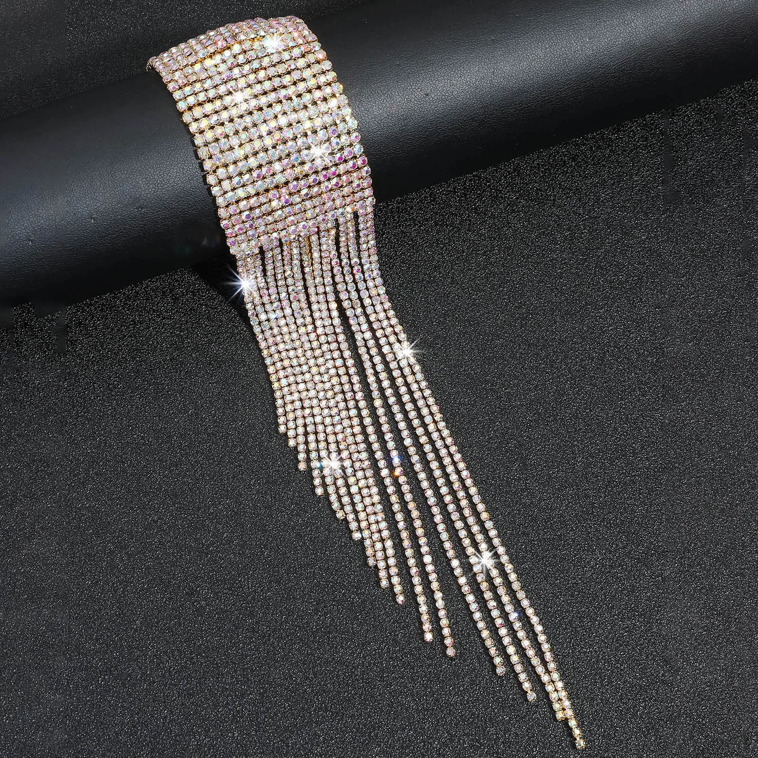 Wedding Bridal Jewelry Exaggerated Super Sparkle Wide Edge Tassel Rhinestone Bracelet for women girls