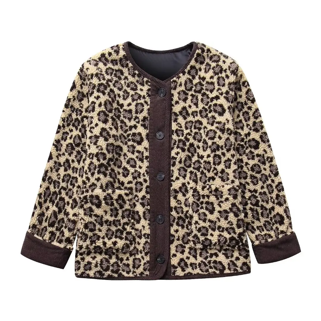 TRAF 2023 Leopard Plush Jacket Woman Button Oversized Jacket Women Coats Long Sleeve Jackets for Women Streetwear Outerwear