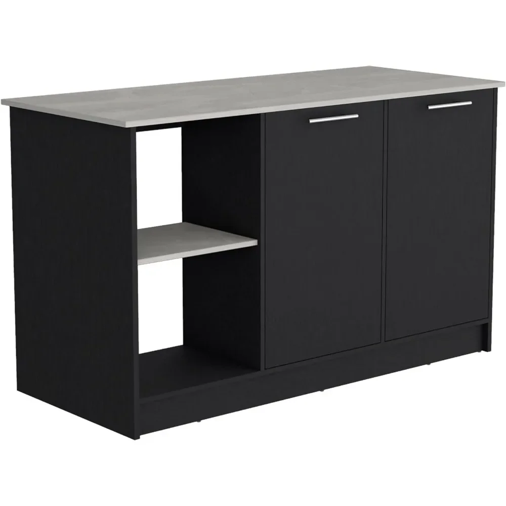 

Kitchen Island with Large Top Surface, Double Door Cabinet, and Open Shelves -Black/Onyx