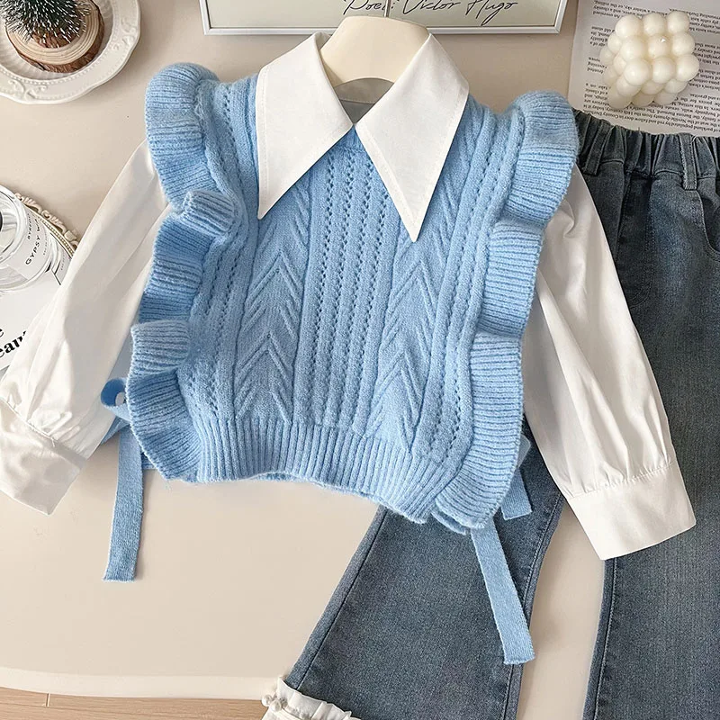 Baby Girls Clothes Sets Autumn Long Sleeve Bottom Shirts Sweater Vest Wide Leg Jeans Sets for Kids Fashion Children Clothing Set image 3