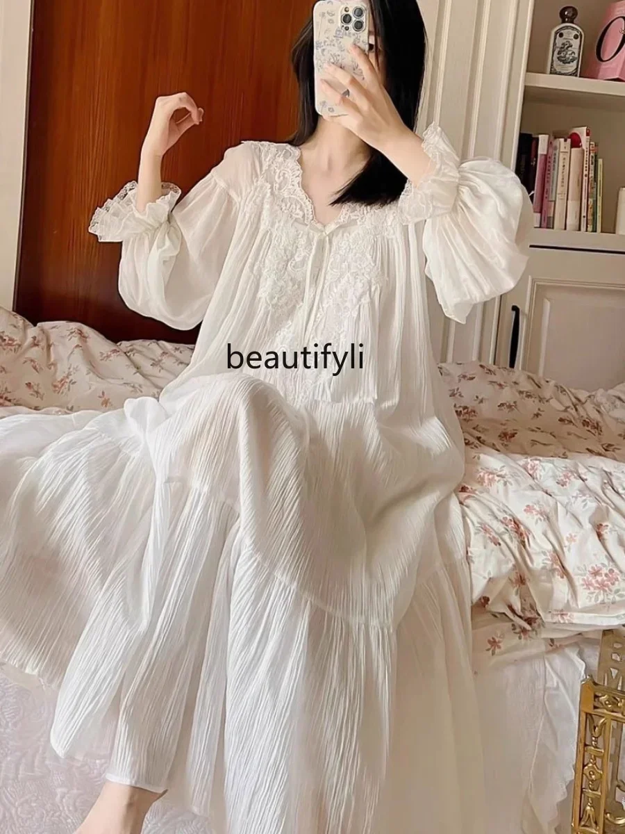 Women's Nightdress Women's Spring and Autumn Pure Cotton Lace Long Sleeve Court Style  Princess Style Beautiful Pajamas Dress