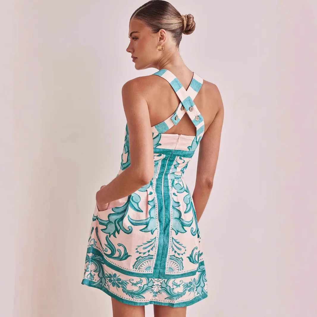 Sommer Europäische Und Amerikanische Neue Damenbekleidung Hosenträgerkleid Bedruckter Hosenträgerrock