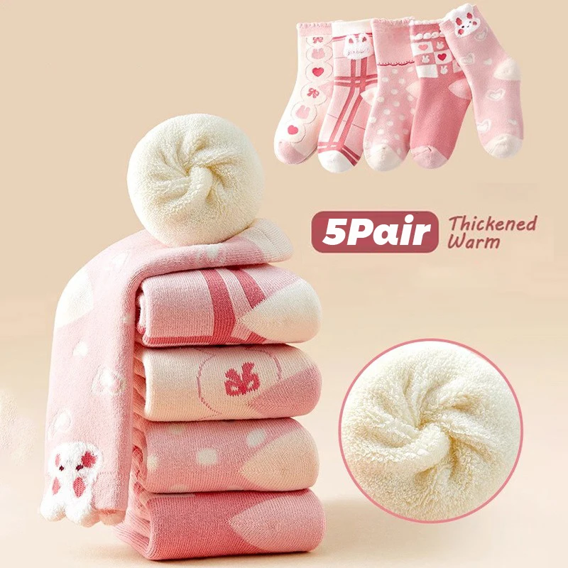 5 Pair Children's Socks Cute Bunny Thickened Girls' Socks Woolen Loop Socks with Velvet Autumn/Winter Mid Tube Socks