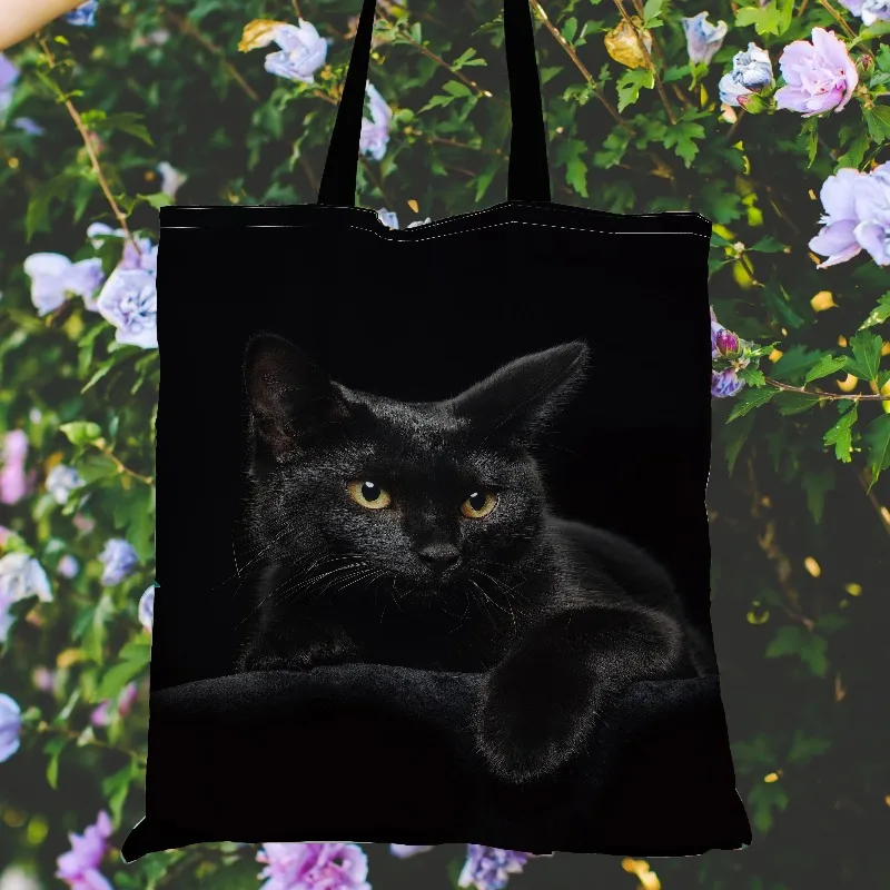 Vibrant Black Cat Hand Bag Women Tote Bag Canvas Fabric Shoulder Shopper Bags For Women Eco Foldable Reusable Shopping Bags