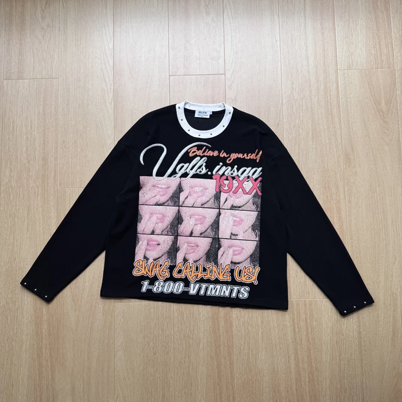 Sexy Girls Lip Print Waffle Long Sleeve Collar Rivet T Shirt Men Women Black Loose Quick Dry Breathe T-shirt Clothes Tops Tee