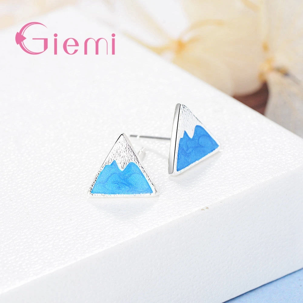 Simple 925 Sterling Silver Triangle Blue Color Stud Earrings for Women Girls Anniversary Wedding Party Fashion Jewelry Gifts