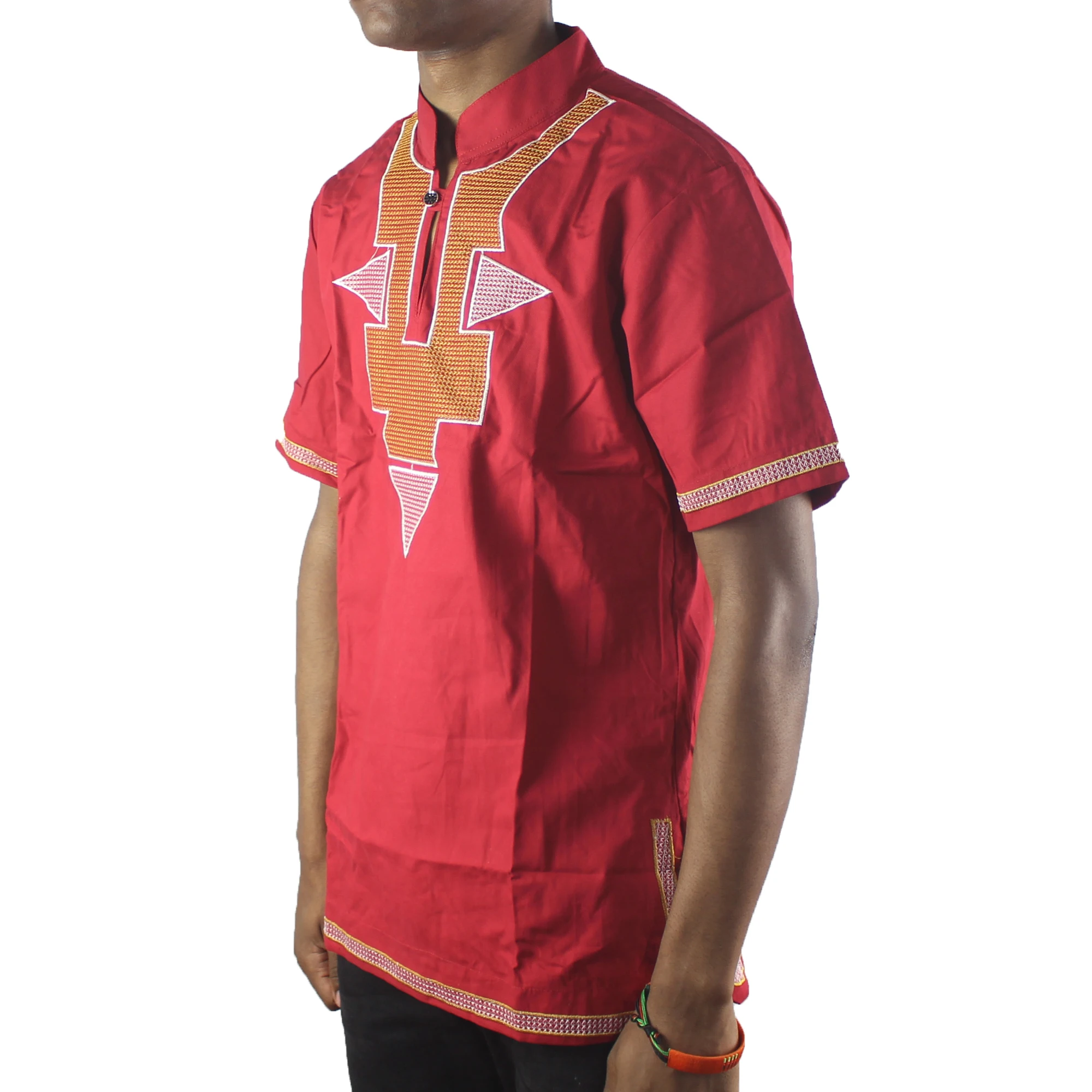 2024 Red Summer Dashiki Traditional Clothes African Print T-shirt Stand-up Collar Short Sleeve Tops Streetwear Ethnic Style