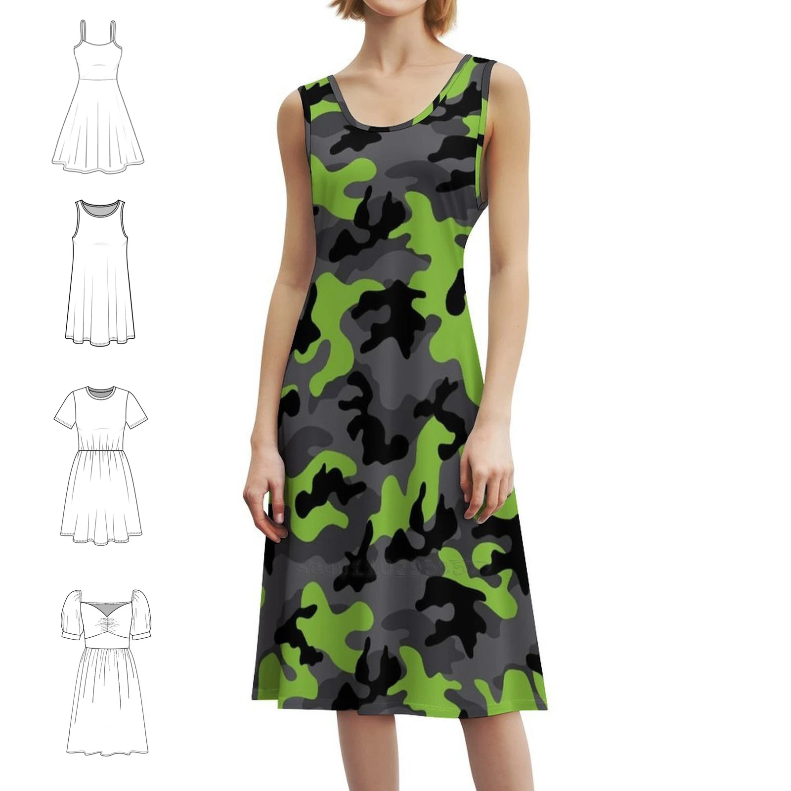 فستان بوهيمي عتيق بنمط مموه باللون الأخضر النيون والرمادي الليموني بأكمام منتفخة أو خيارات بدون أكمام لفستان النساء