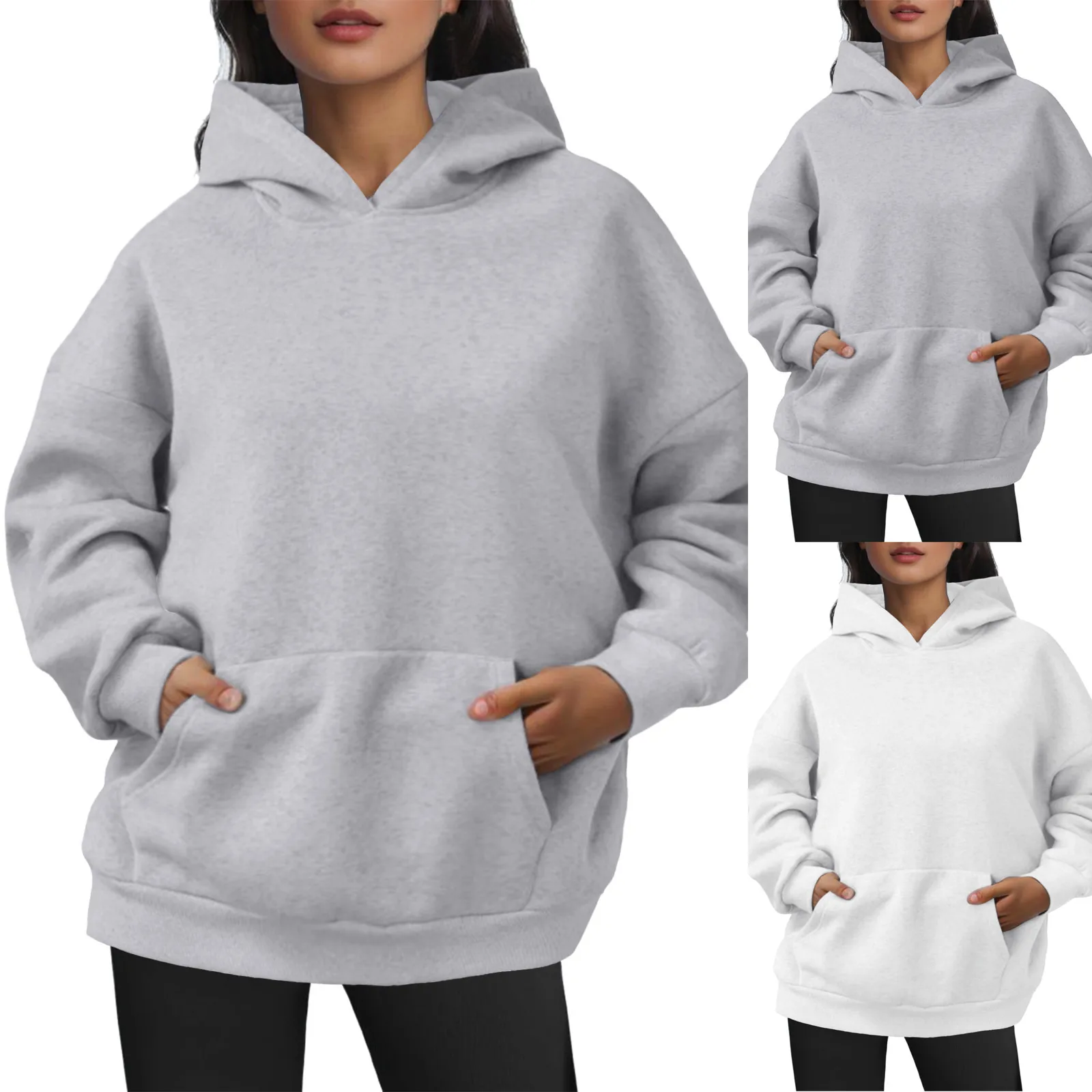 

2024 Jogger Sweatshirt Winter Front Pockets Plus Size Pullover Tops Autumn Casual Basic Women Solid Color Loose Hooded Hoodies