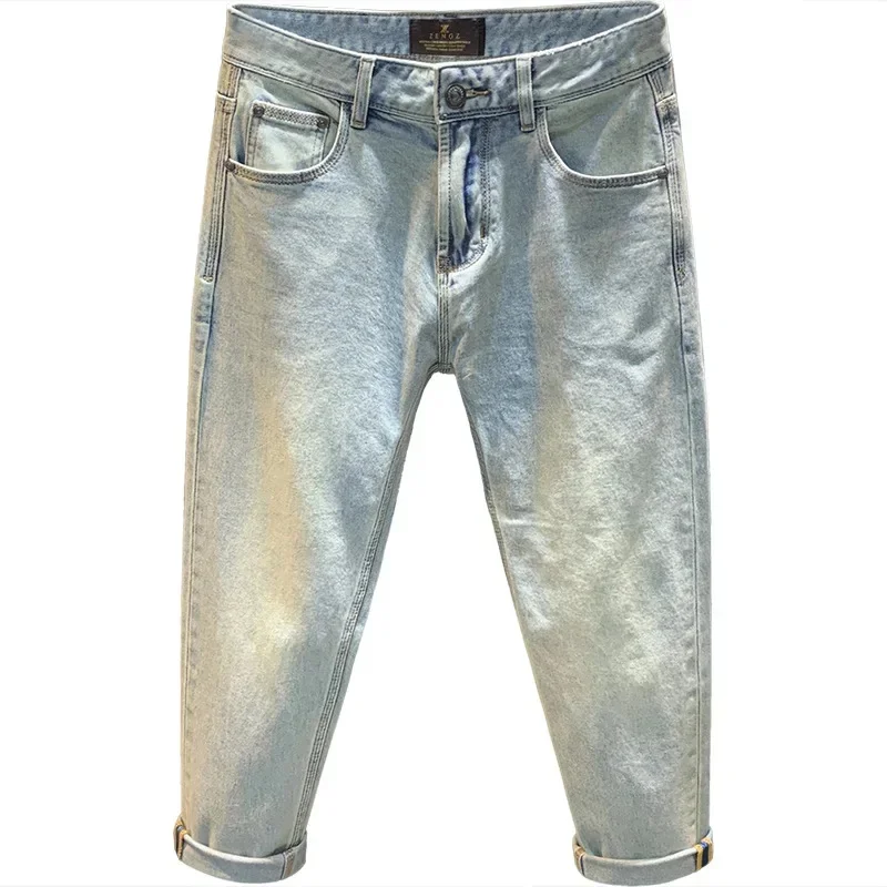 กางเกงยีนส์สีน้ําเงินสําหรับผู้ชายในฤดูร้อนปี 2066 ดีไซน์เพรียวบางทันสมัยระดับไฮเอนด์หลวมลําลองอเนกประสงค์กางเกงครอปยางยืด