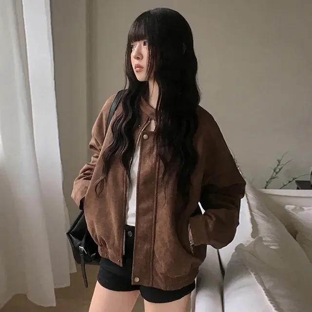 Autumn Winter Women's Motorcycle Jacket Zipper Stand Collar Retro Style Short Outerwear Fashionable Versatile Female Clothing