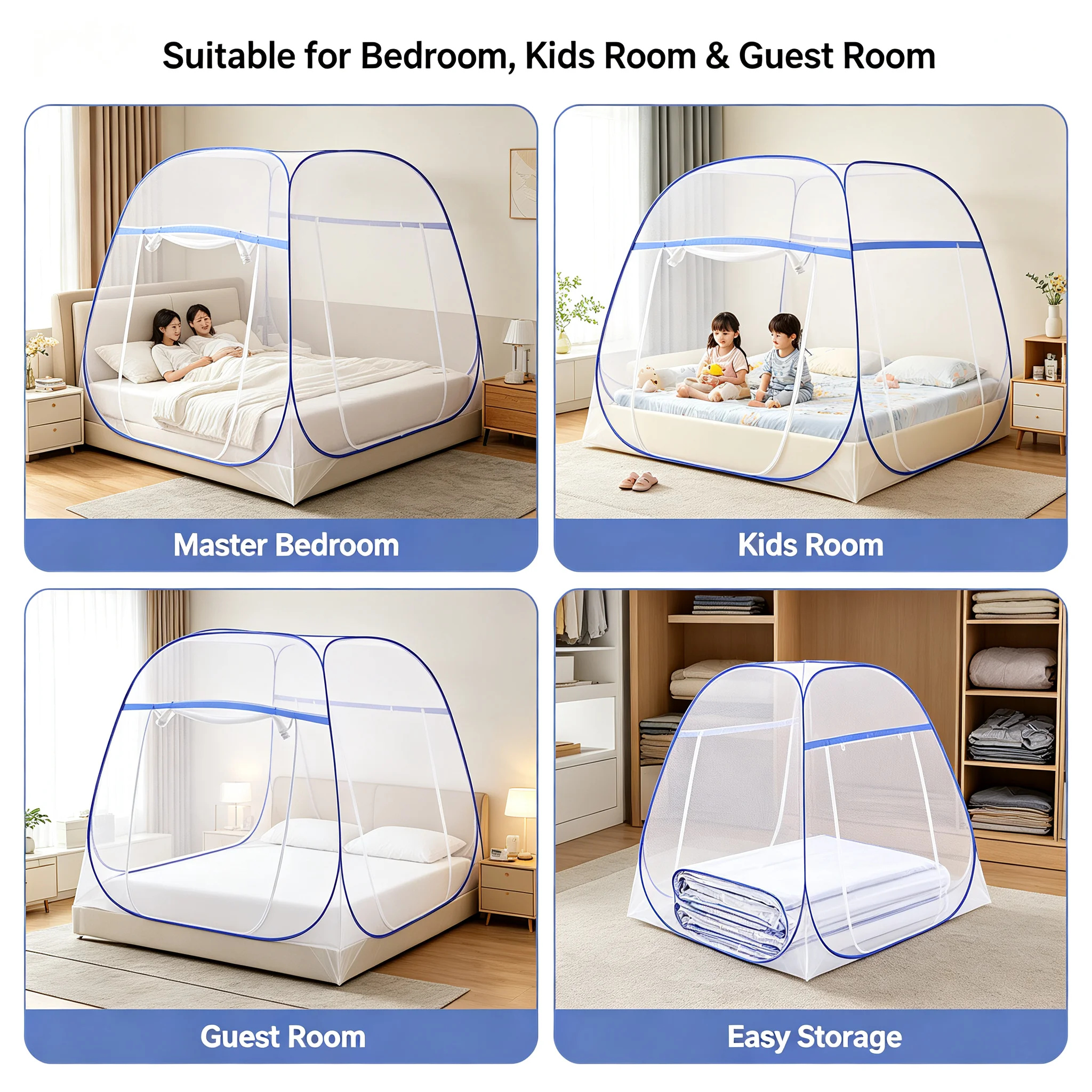 Blue Bed Canopy Mosquito Net for Queen Size Bed, Full Enclosed Anti-Fall Design with Triple Door & Double Zip, Breathable Polyester Canopy for Kids Adults Bedroom, Lightweight & Easy Install with Storage Bag