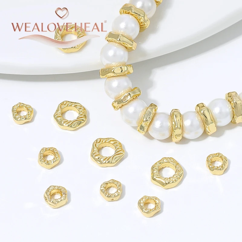 18K vergoldete Messing-Abstandshalterperlen mit unregelmäßiger gehämmerter Wellentextur für handgemachte DIY-Armbänder, Halsketten und Schmuckherstellung – Detail 15