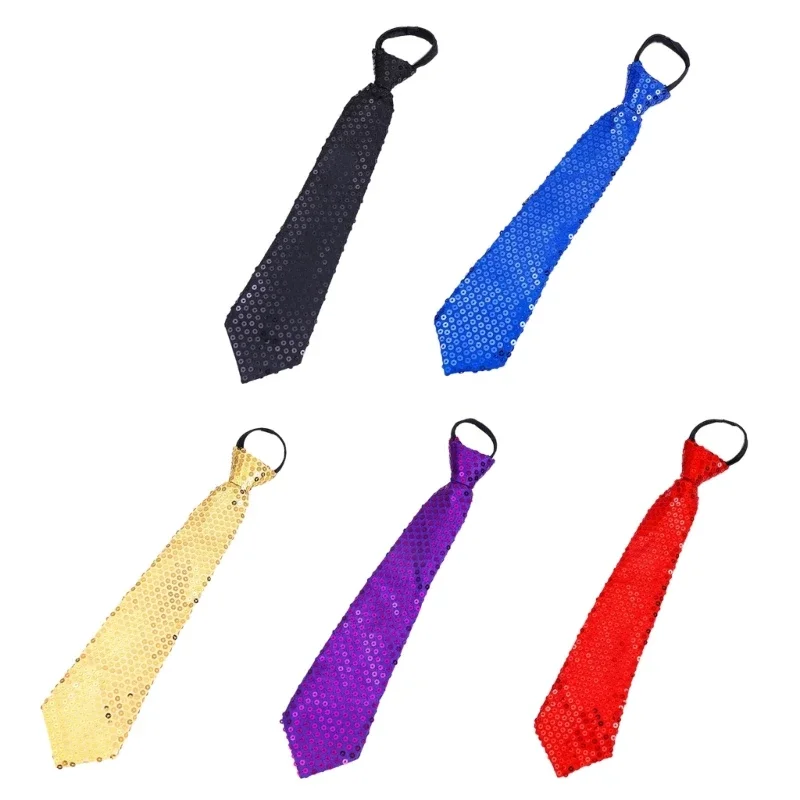 

D0LC Men Women Shining Sequins Tie Stage Glitter Adjustable Zipper Closure Necktie Fashion Party Pre-Tied Neck Wear