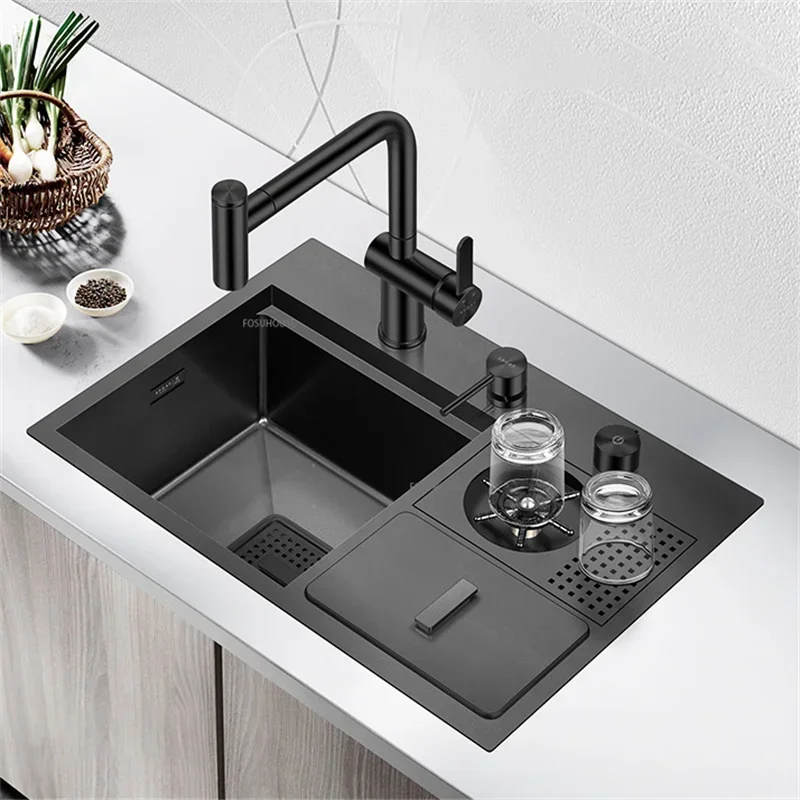 Nano Black Hidden Sink High Pressure Cup Rinser with Trash Can 4mm Thickness Handmade Bar table Kitchen Sinks Accessories