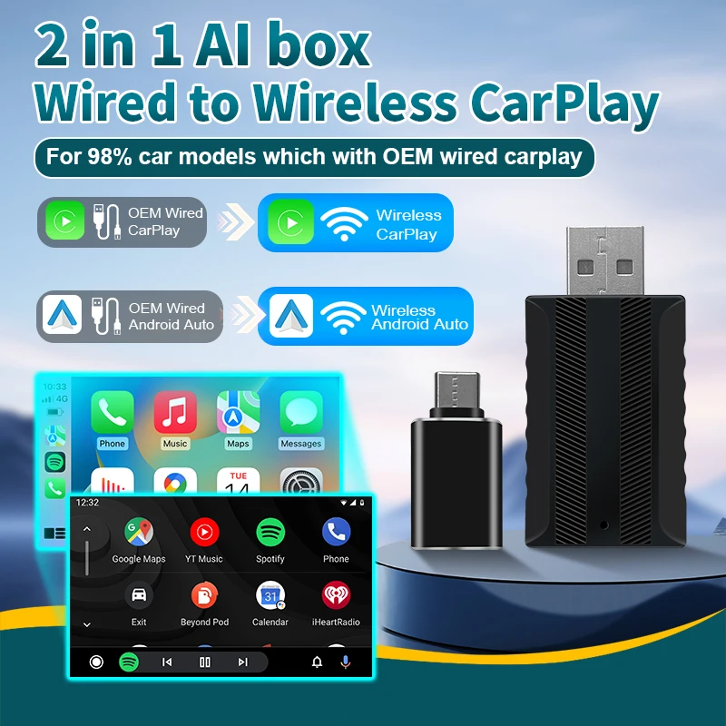 

2025 НОВЫЙ 2 в 1 беспроводной Carplay AI Box Android Auto Plug and Play Подходит для преобразования оригинального автомобильного проводного Carplay к беспроводному устройству