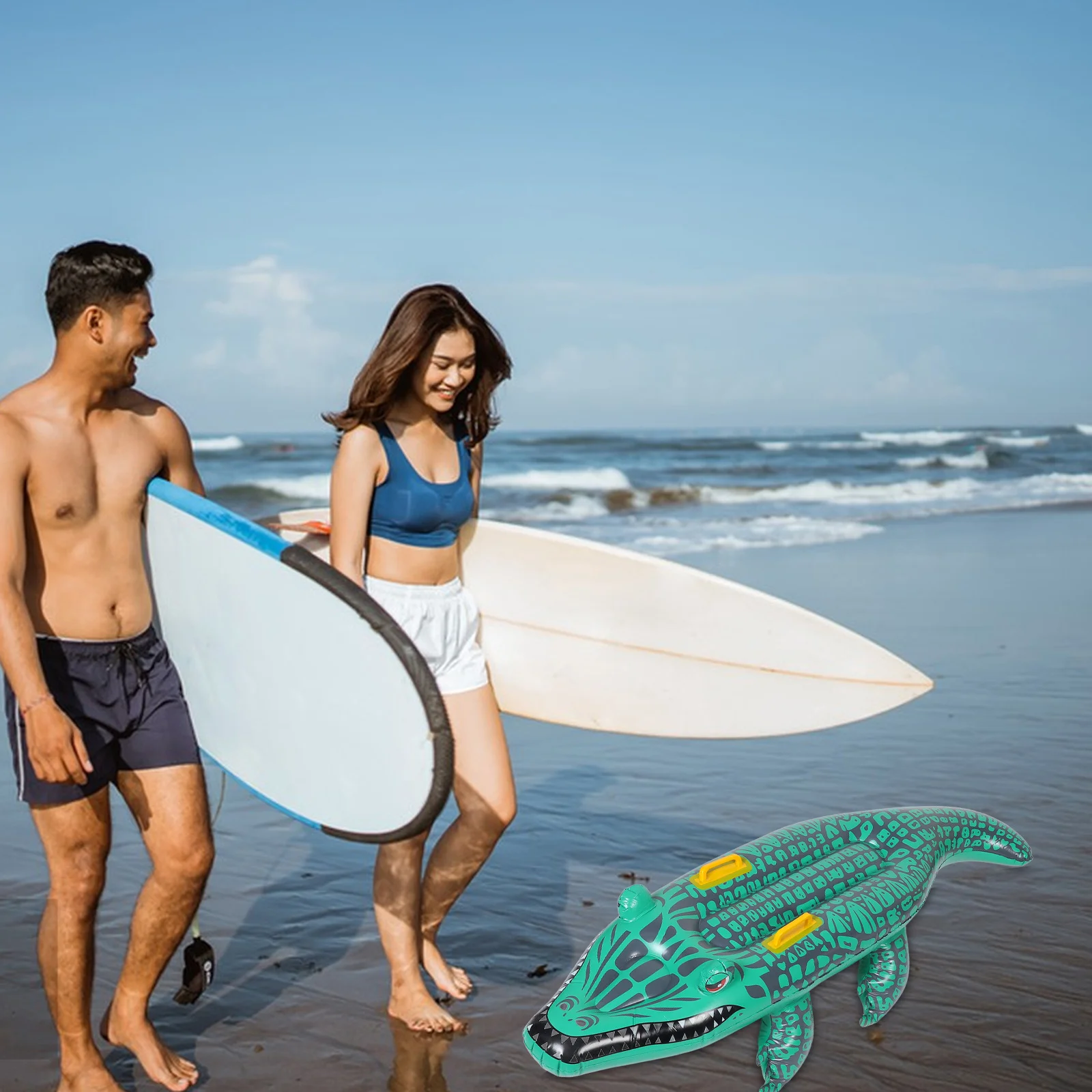 Inflatable Crocodile Surfboard Swim Pool Floating Mat Toy Replaceable Alligator Shaped Row Surfboatd