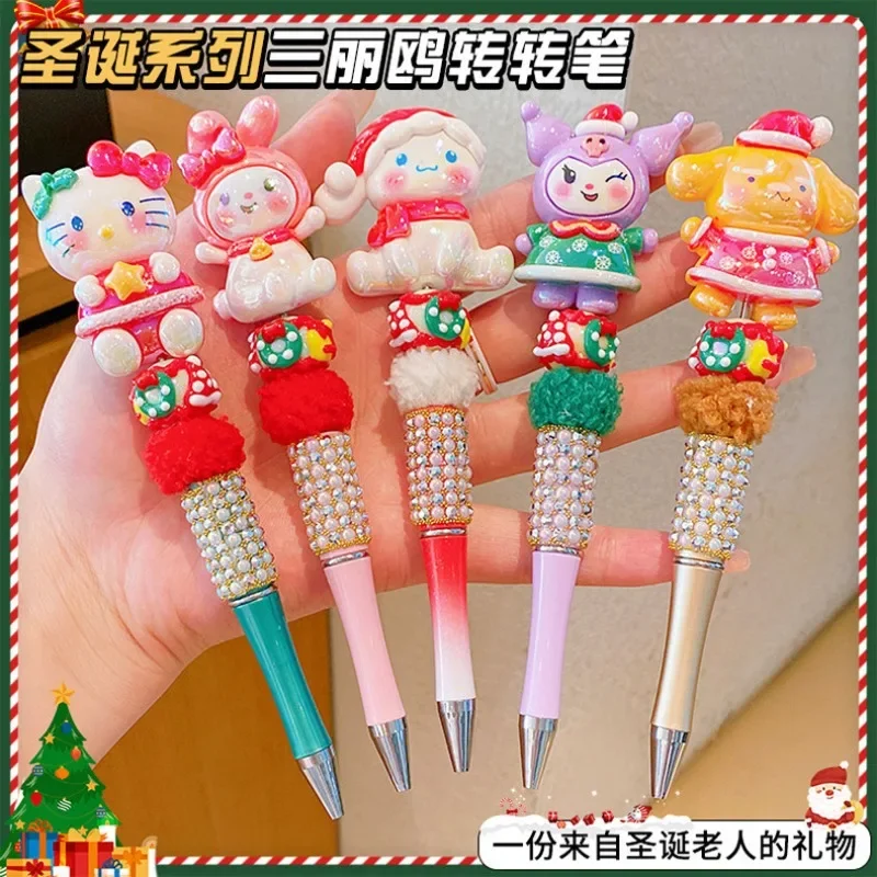 Cartoon Anime Sanrio Crystal Sparkling Diamond Rotating Ballpoint Pen Cute Christmas Melody Student Bead Pen Christmas Gift