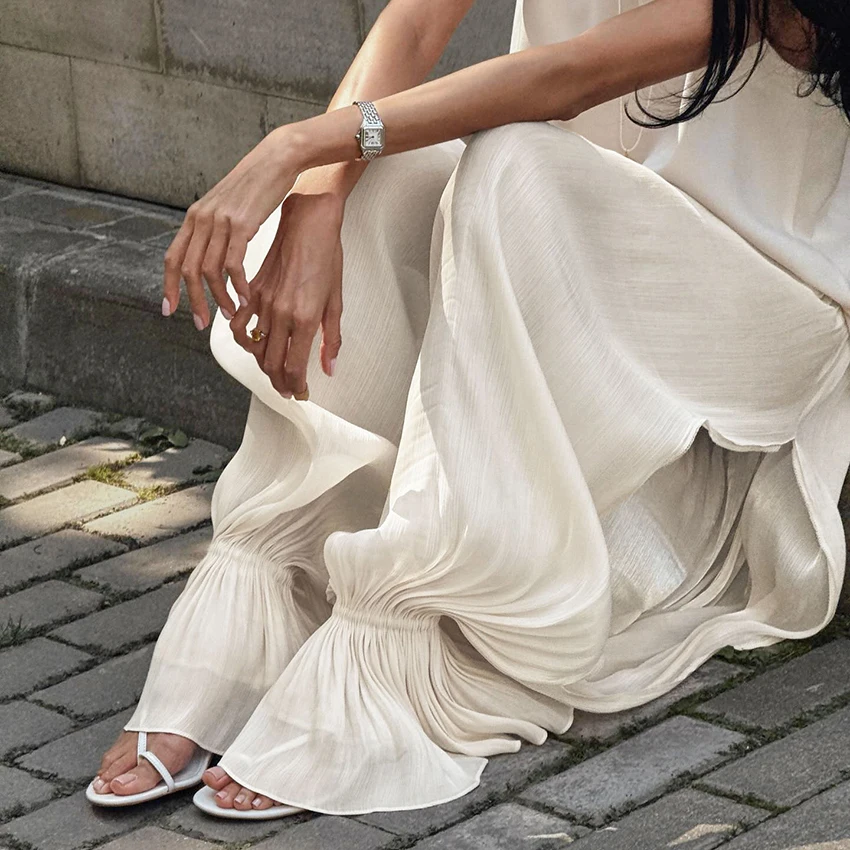 Vintage Apricot Loose Lantern Pants For Women 2026 Autumn Elegant Sheer Elastic Waist Trousers Street Chic Long Flare Pants Lady