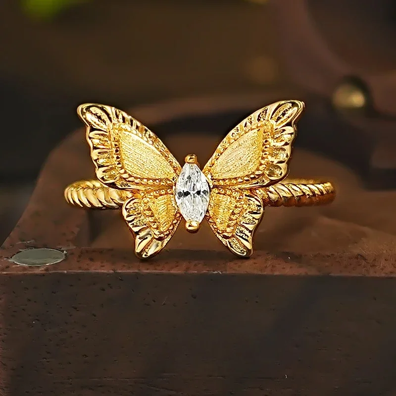 New Butterfly Ring 925 Silver Gold-plated Vintage Style Vintage Antique Style Light Luxury Niche High-end Horse Eye Jewelry