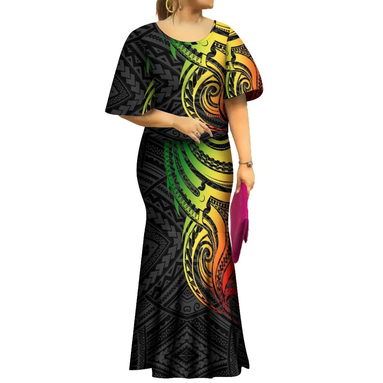 2022 Fall New Style Samoan Puletasi Batwing Sleeve Polynesian Tribal Mermaid Maxi Skirt Dress Women Pacific Island Art Ptaha