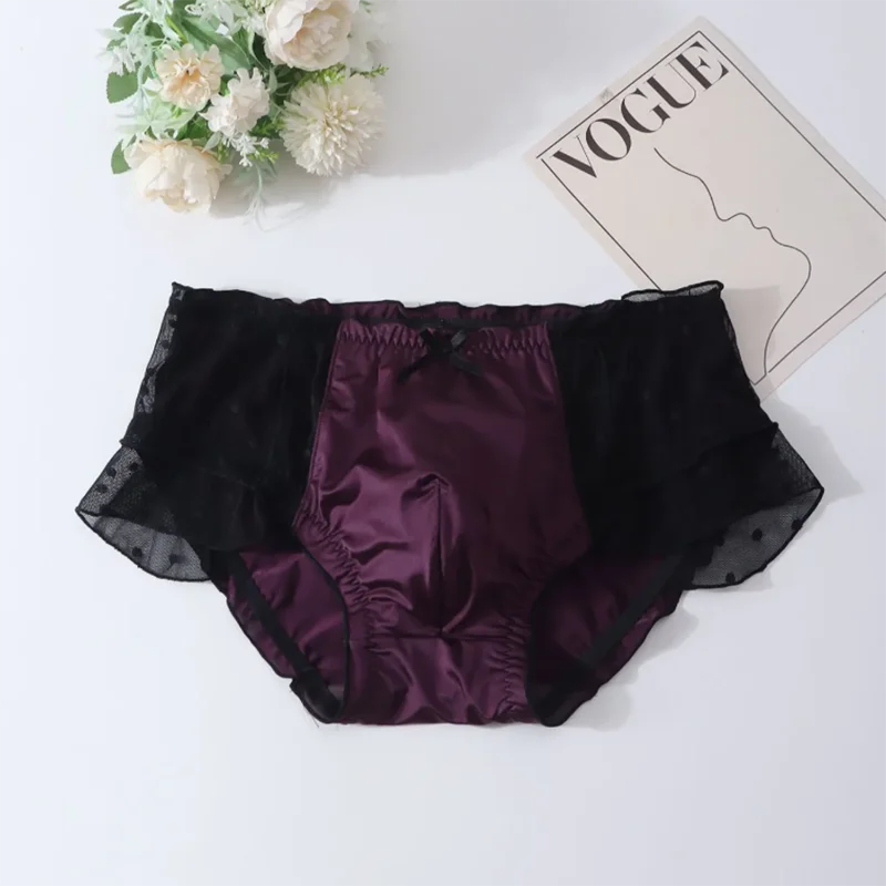 

Japanese Men's Sexy Lace Sissy Bow Briefs Milk Silk Soft Touch Low Waist Breathable Elastic Underwear BF lingerie