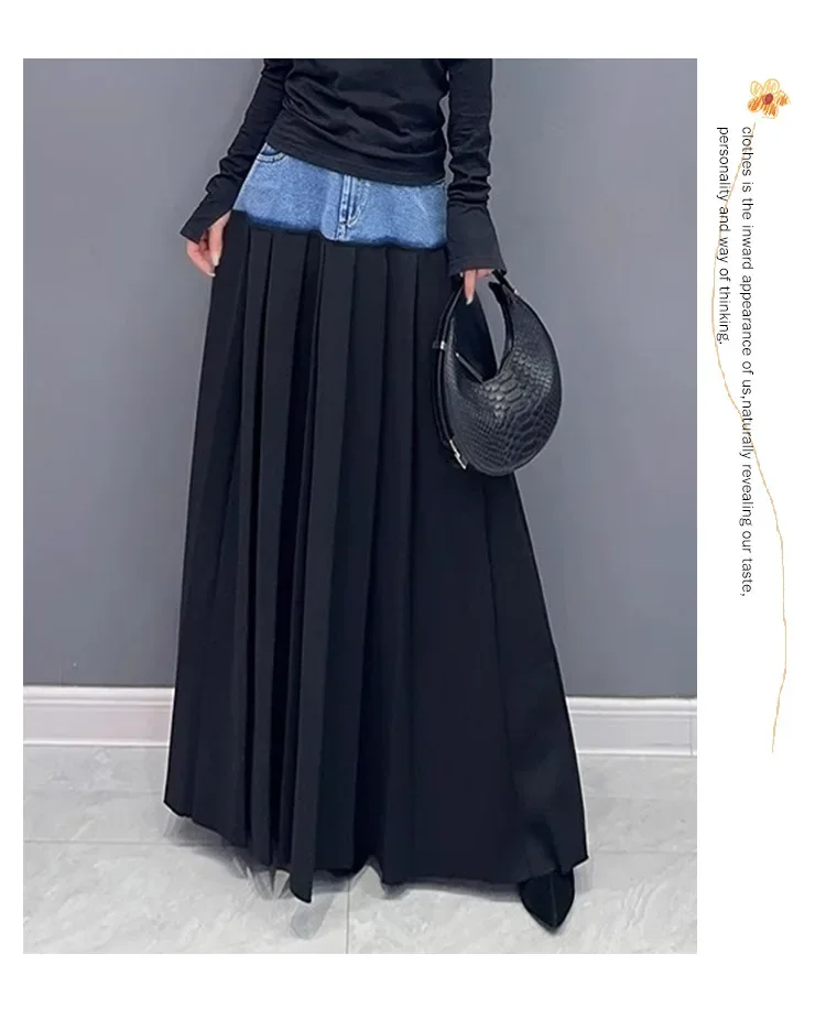 Y2k Pleated Skirt Women Long Skirts Denim Patchwork High Waist Washed Distressed Vintage Floor Length 2025 Streetwear A Line