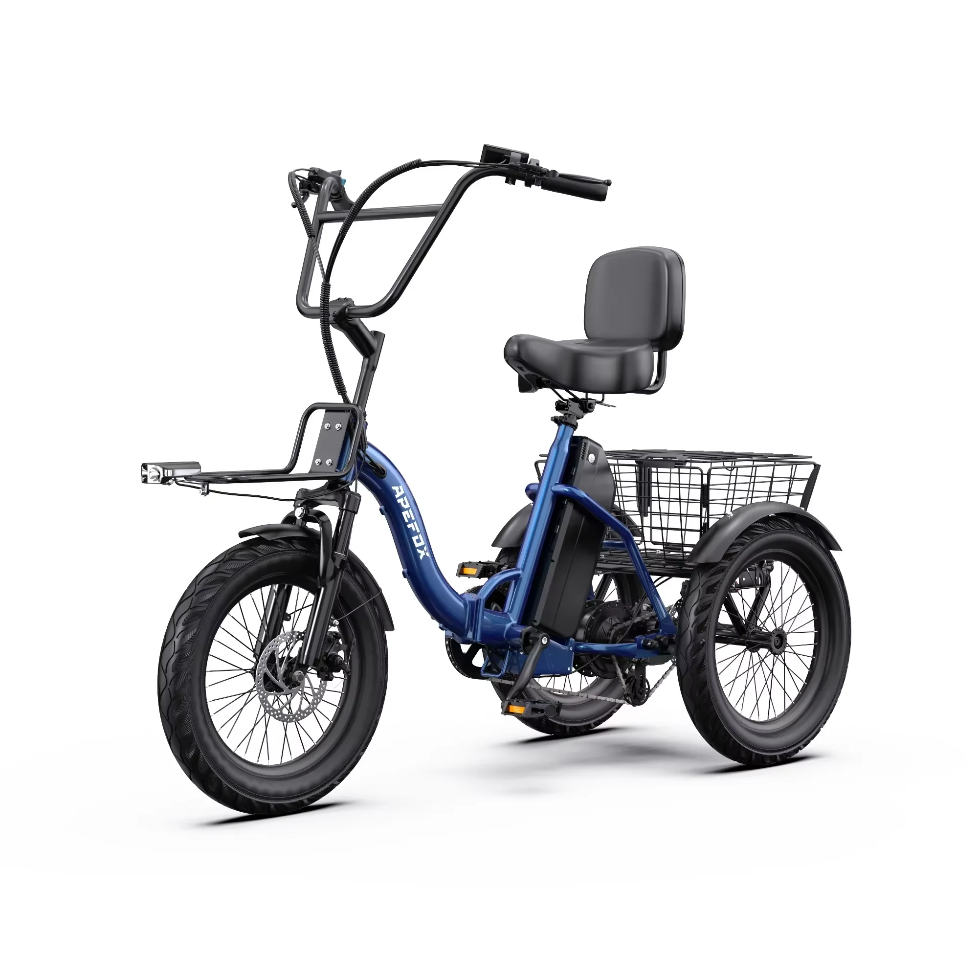 Nieuwe APEFOX RH30 elektrische driewieler, 500W motor, 48V15AH accu, inklapbare elektrische fiets, met achterdrager en voorste laadbak, voldoende ruimte voor bagage, geschikt voor volwassenen die in