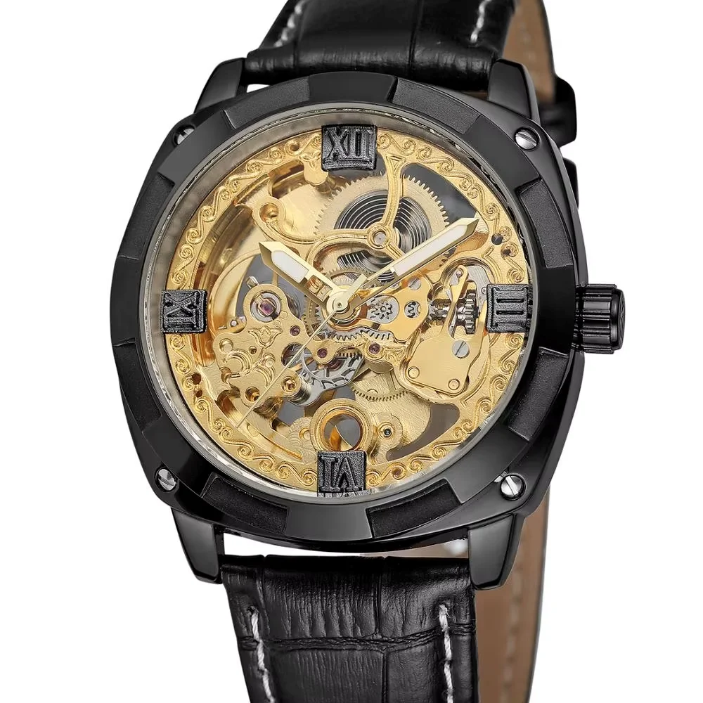 

FORSINING WATCH Fashion casual hollow men's watches Roman number gold case and dial black leather strap holiday gift
