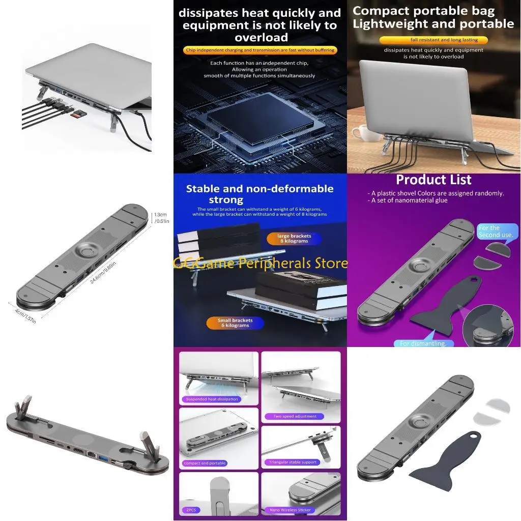 

U55B Aluminum USB C Laptop Stand 7 Port Expansion Adapter 4K60Hz 100W Charging Gigabit Ethernet Card Reader Foldable Computer