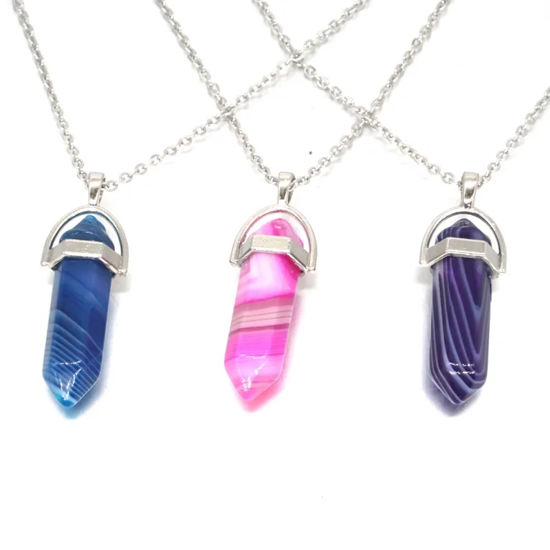 Stripe Agates Stone Hexagon Prism Pendant Necklaces Quartz Bullet Hexagonal Point Column Reiki Healing Chakra Amulet Jewelry