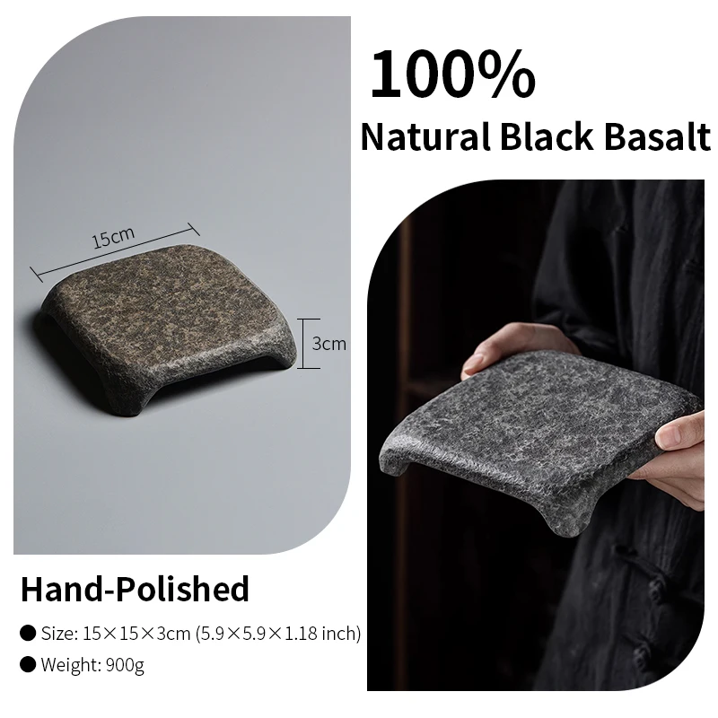 Square Black Basalt Teapot Tray 15x15cm Natural Stone Stand Handcrafted Premium Elegant Zen Kung Fu Tea Ceremony Art Gift Decor