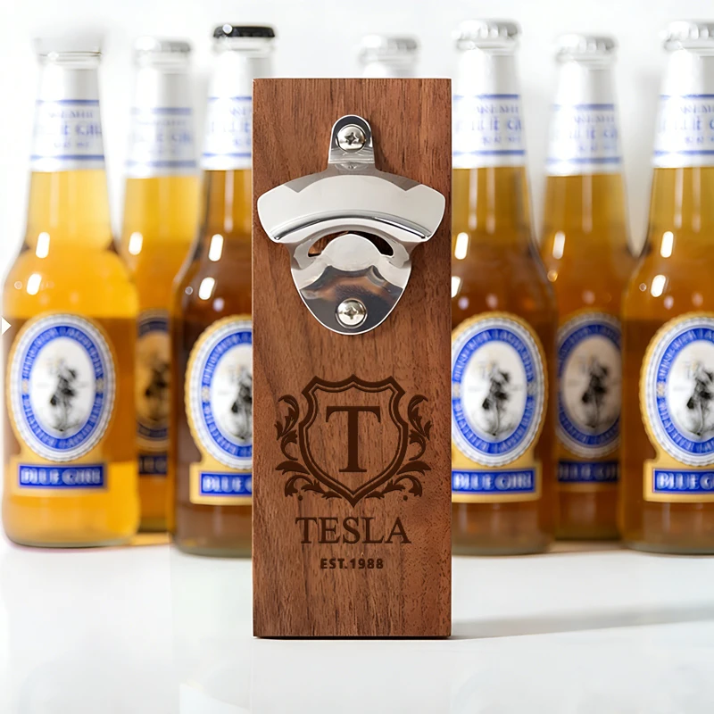 Personalized Bottle Opener Walnut Wood Bottle Opener Magnetic Cap Catcher, Beer Bottle Opener, Personalized Birthday Gift