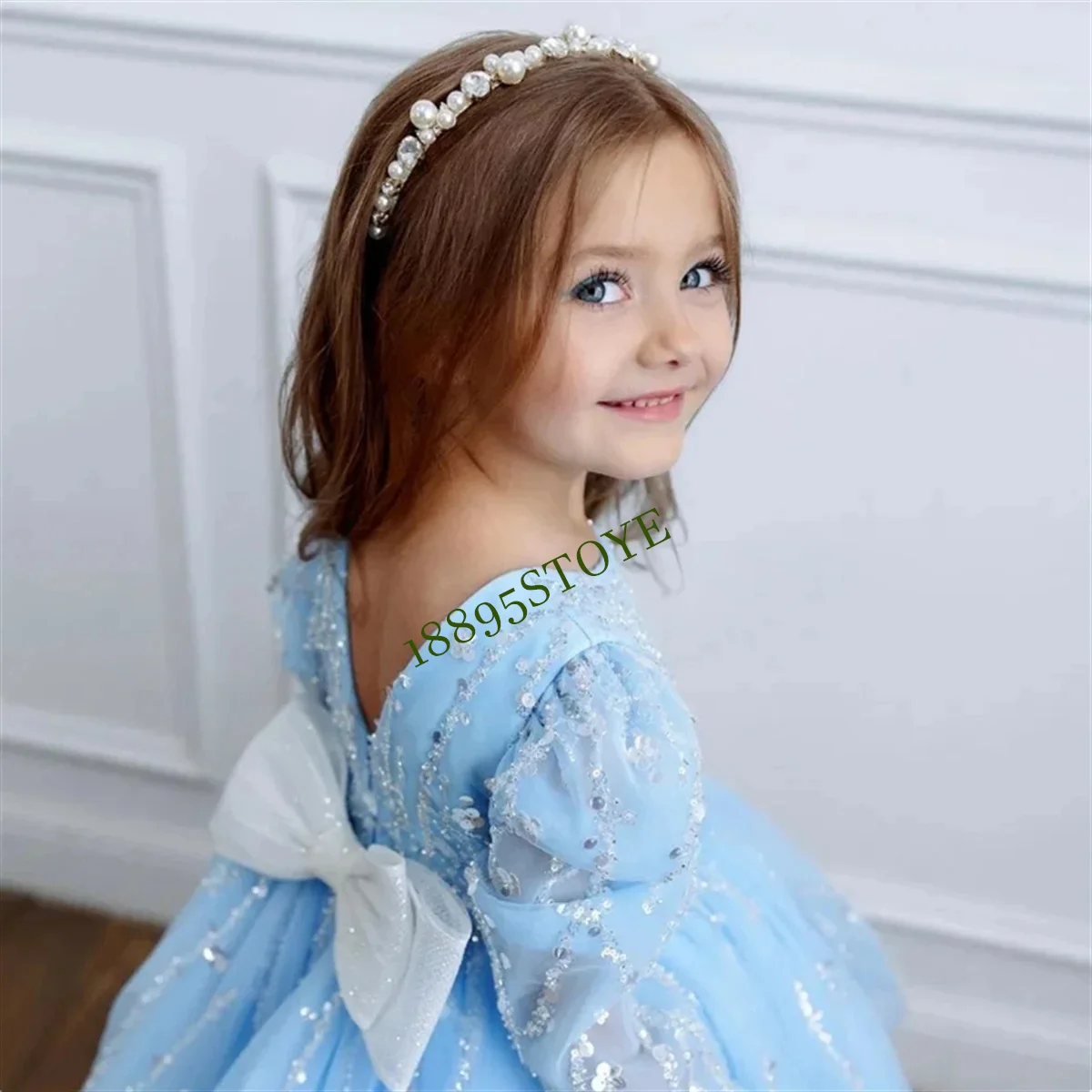 

Flower Girl Dresses Blue Skirt Sparkles Weddings Tulle Appliques Party First Communion Birthday Dress Princess Ball Gown