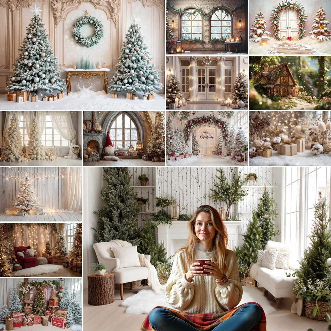 

MOON.QG Christmas Decorations Backdrop Wooden Floral Arches Snowflake Pine Branches Photography Backgrounds Decoration Photozone